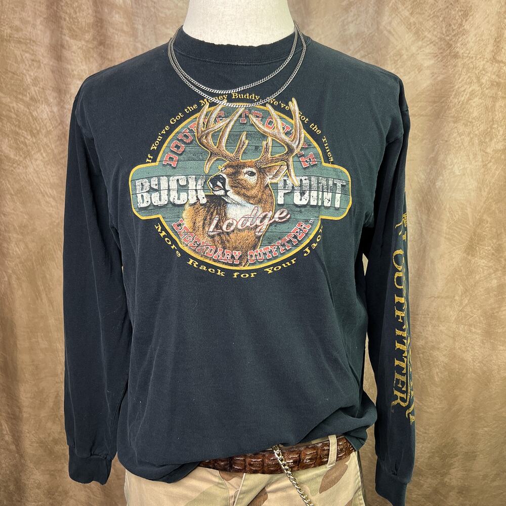 Y2K Cabela's Long Sleeve T-Shirt Buck Point Lodge Graphic Tee Outdoor Hunting
